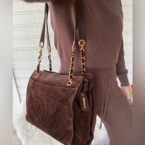 CHANEL Brown Suede Jumbo CC Chain Tote Handbag Vintage Classic - Picture 8 of 16
